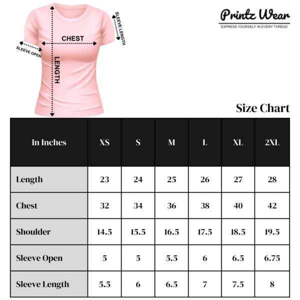 Women’s Round Neck Half Sleeve T-Shirt Size Chart