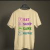 beige color eat sleep game repeat graphic tee on a hanger