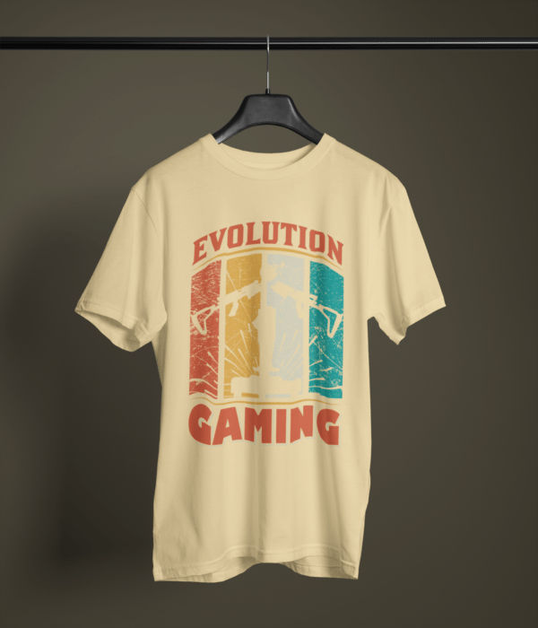 beige color evolution gaming graphic tee on a hanger