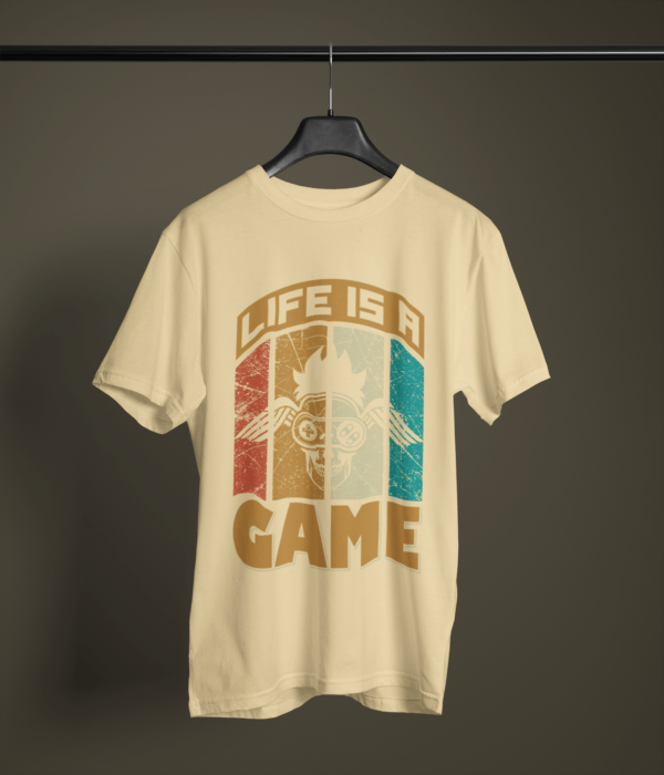 beige color life is a game graphic tee on a hanger