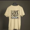 beige color live every moment printed tee on a hanger