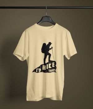 beige-I-would-hike-that printed t-shirt on-a-hanger