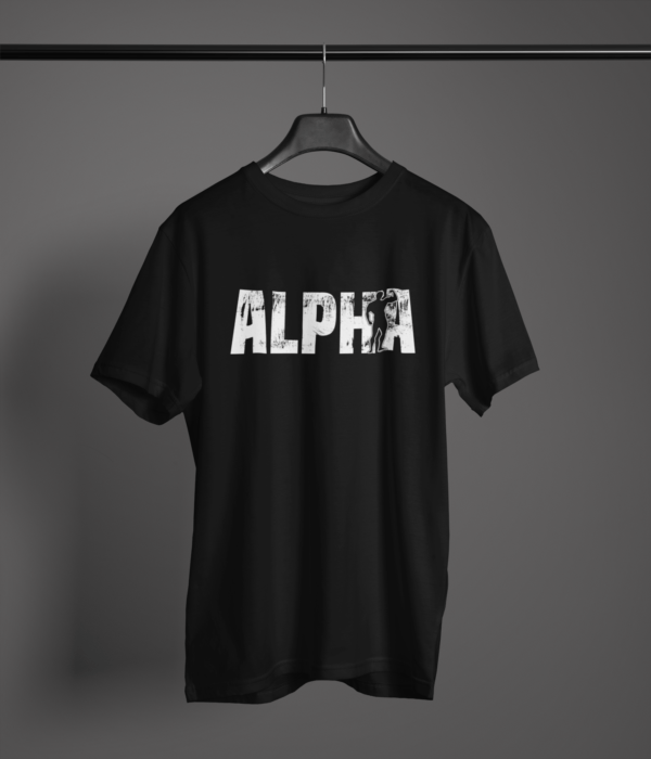 black color alpha graphic tee on a hanger