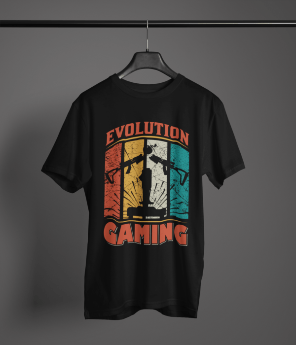 black color evolution gaming graphic tee on a hanger