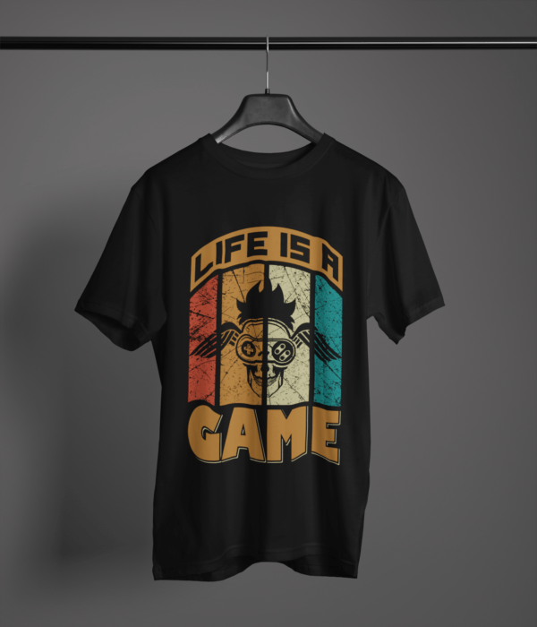 black color life is a game graphic tee on a hanger