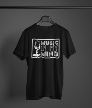 black color music in my mind graphic tee on a hanger