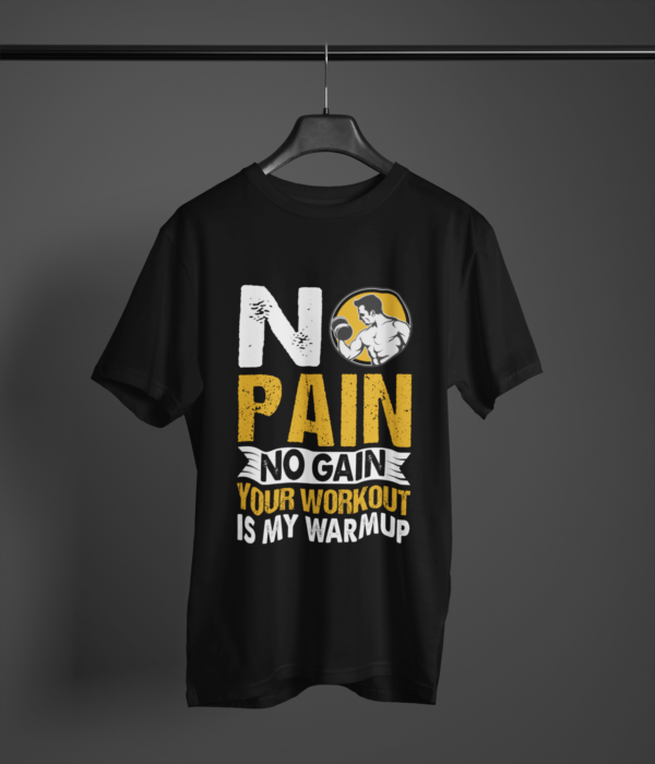 black color no pain no gain graphic tee on a hanger