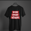 black color work sweat achieve graphic tee on a hanger