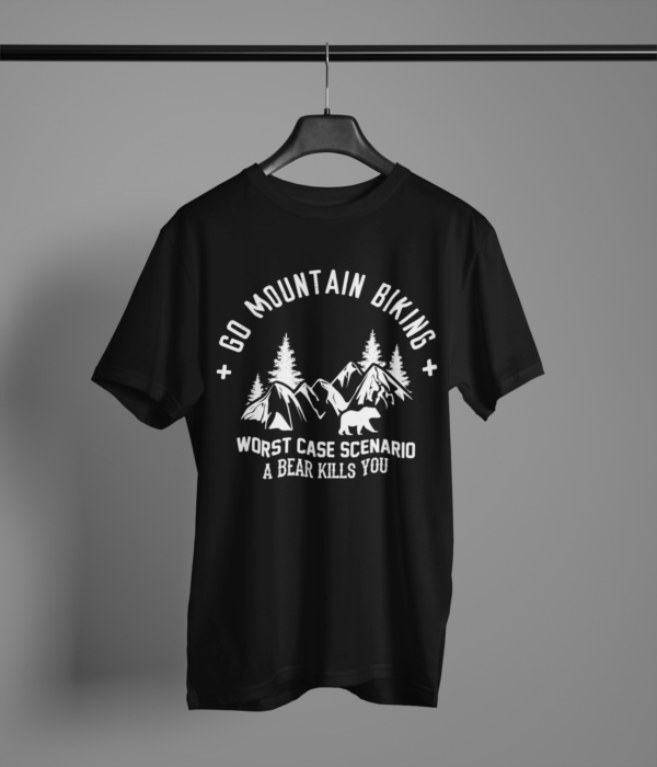 black-go-mountain-biking printed t-shirt on-a-hanger