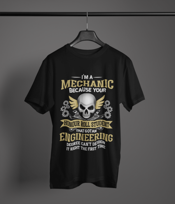 black color i'm a mechani graphic t-shirt on a hanger