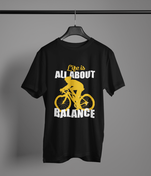 black-life-is-all-about-balance printed t-shirt on-a-hanger