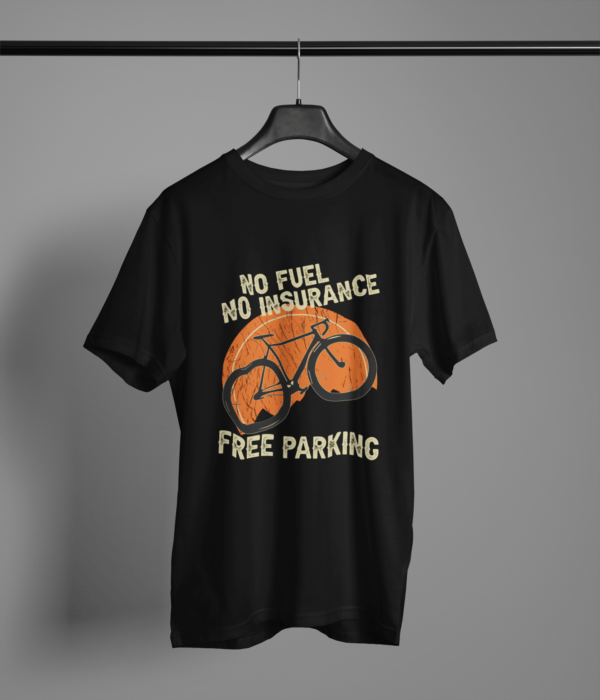 black-no-fuel-no-insurance-free-parking printed t-shirt on-a-hanger