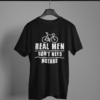 black-real-men-don't-need-motors graphic tee on-a-hanger