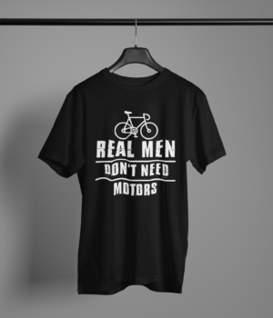 black-real-men-don't-need-motors graphic tee on-a-hanger