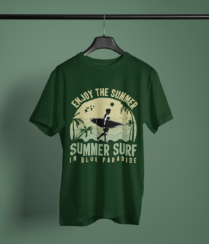 bottle green color enjoy the summer graphic printed t-shirt on a hanger