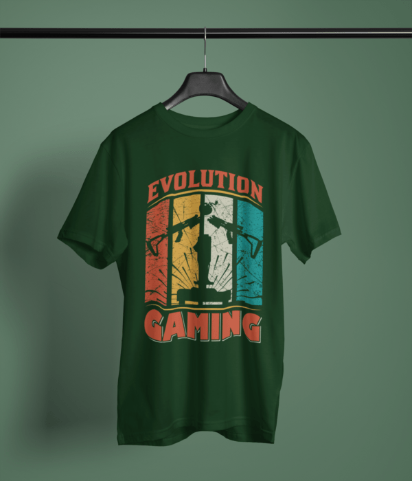 bottle green color evolution gaming graphic tee on a hanger