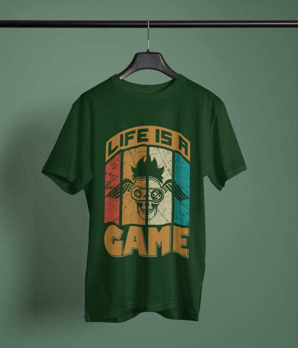 bottle green color life is a game graphic tee on a hanger