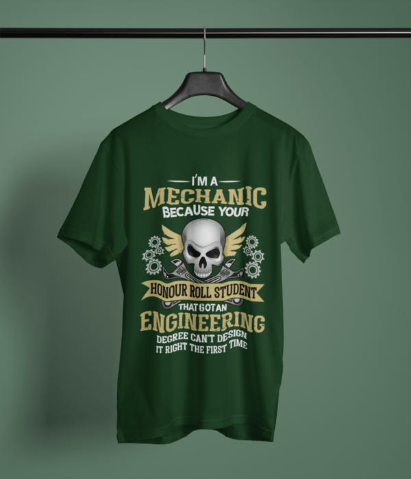 bottle green color i'm a mechanic graphic-t-shirt on a hanger