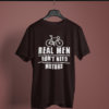 coffee-brown-real-men-don't-need-motors graphic tee on-a-hanger