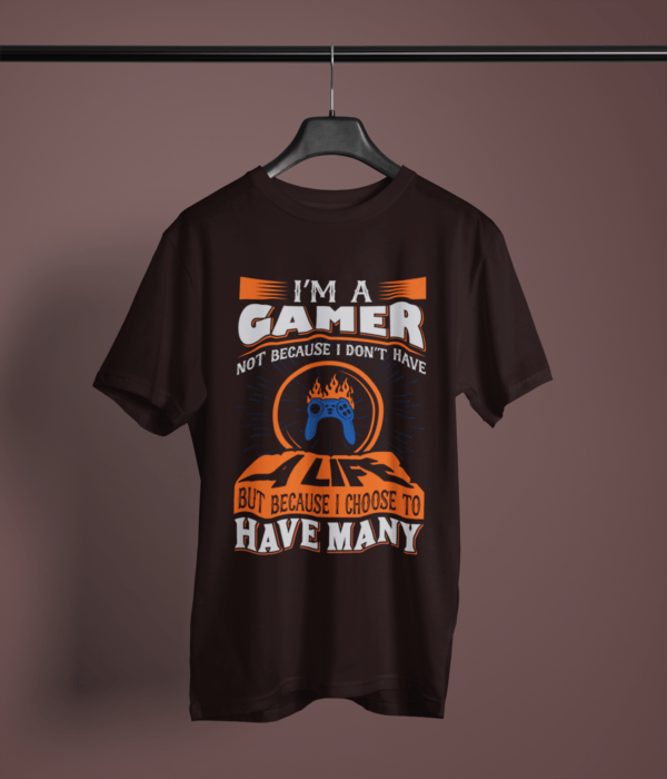 coffee brown color I'm a gamer graphic tee on a hanger