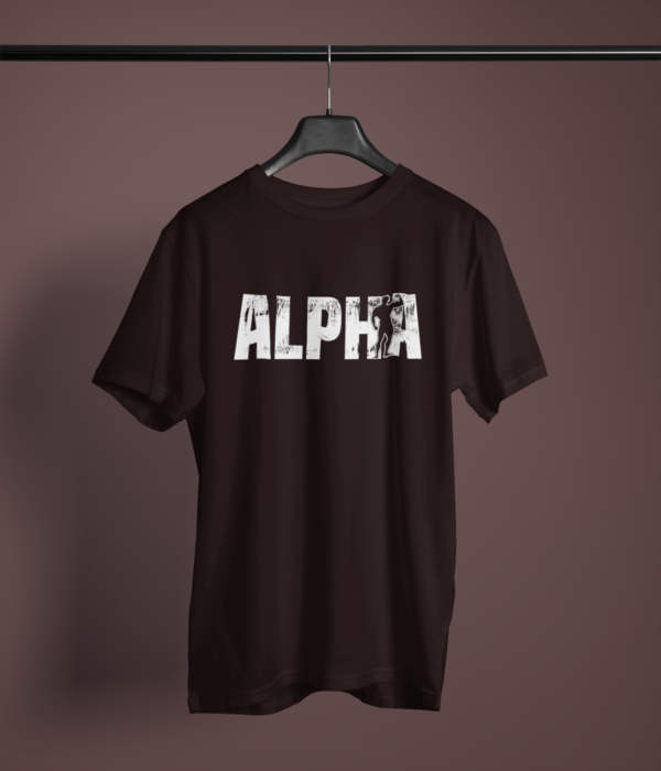 coffee brown color alpha graphic tee on a hanger