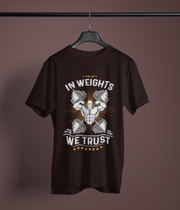 coffee brown color in weights we trust graphic printed t-shirt on a hanger