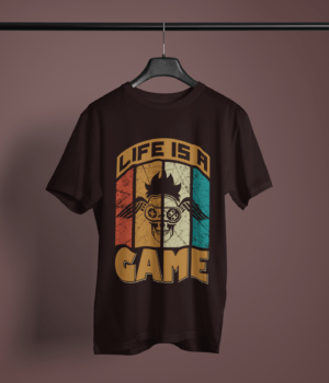 coffee brown color life is a game graphic tee on a hanger
