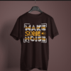 coffee brown color make some noise graphic printed t-shirt on a hanger
