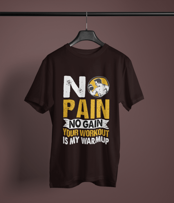 coffee brown color no pain no gain graphic tee on a hanger