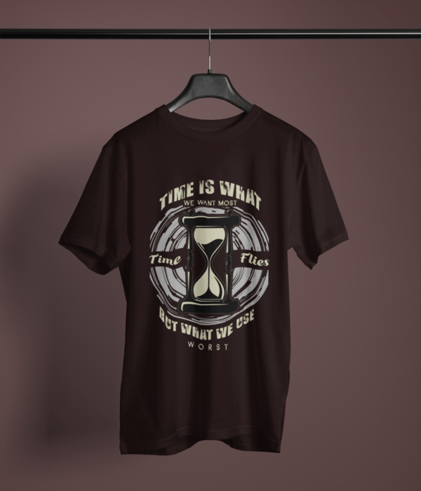 coffee brown color time is what we want most graphic tee on a hanger