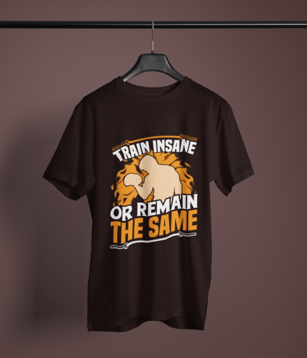 coffee brown color train insane or remain the same graphic printed t-shirt on a hanger