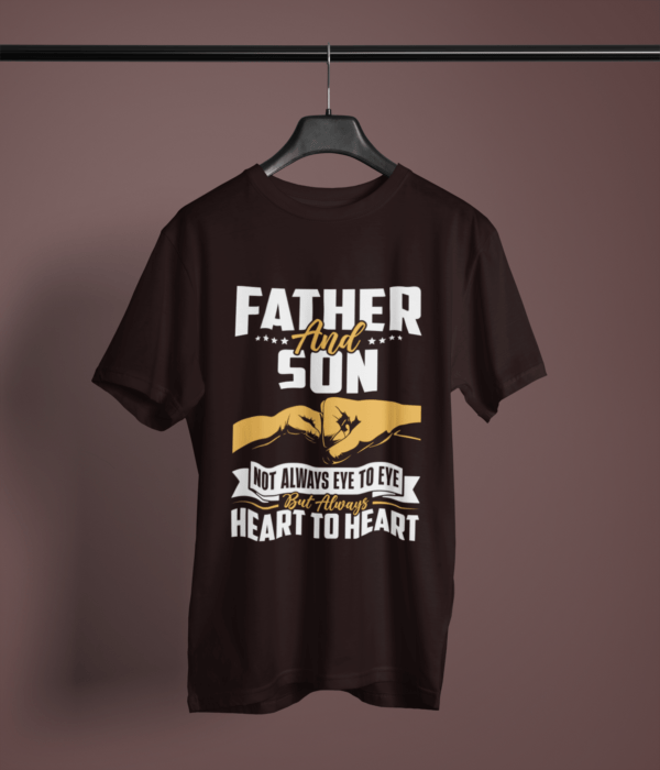 coffee-brown-father-and-son-always-heart-to-heart printed t-shirt on-a-hanger