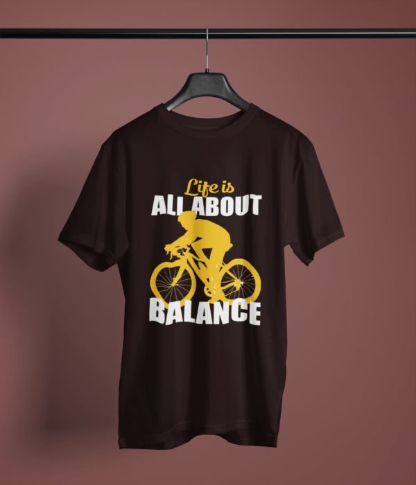 coffee-brown-life-is-all-about-balance printed t-shirt on-a-hanger