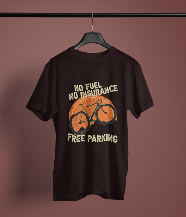 coffee-brown-no-fuel-no-insurance-free-parking printed t-shirt on-a-hanger