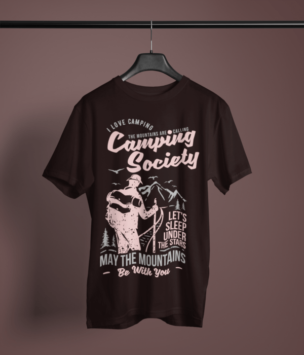 coffee-brown-the-mountains-are-calling printed tee on-a-hanger