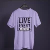 lavender color live every moment printed tee on a hanger