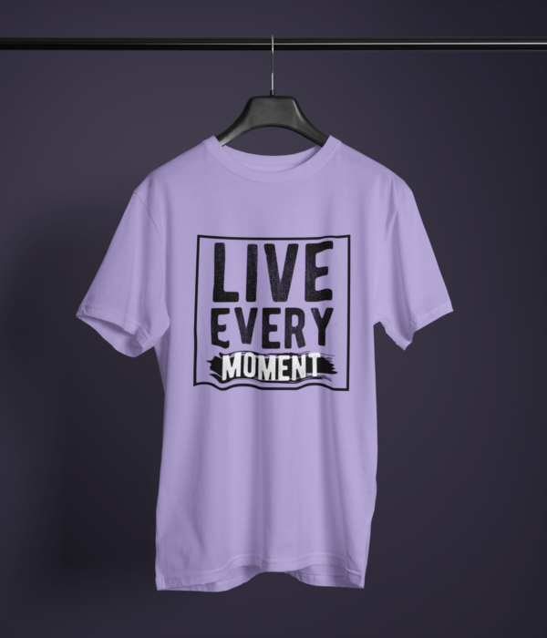 lavender color live every moment printed tee on a hanger