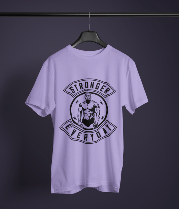 lavender color stronger everyday graphic tee on a hanger