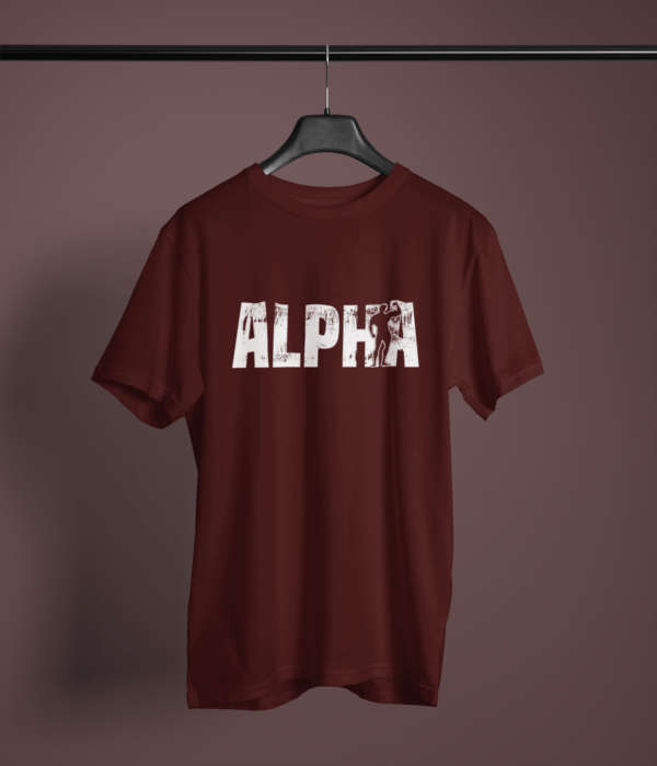 maroon color alpha graphic tee on a hanger