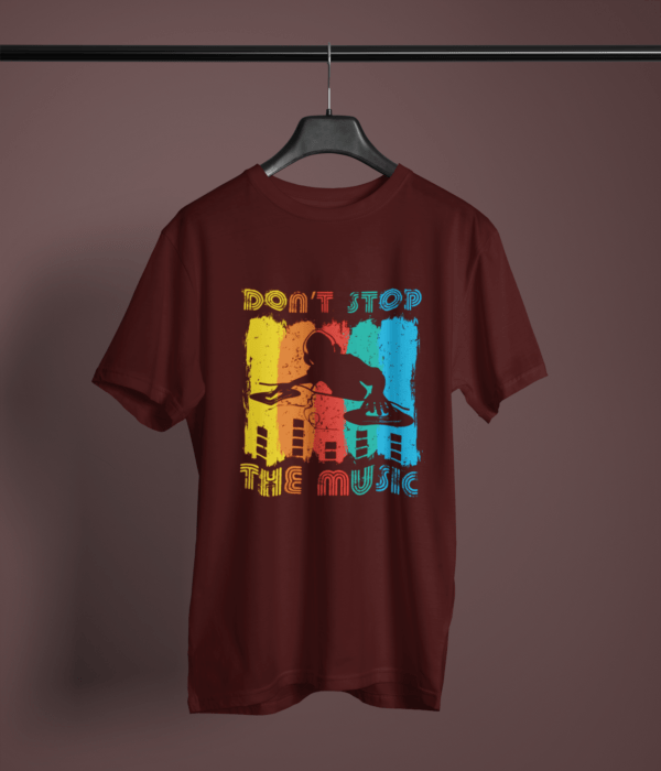 maroon color don't stop the music graphic tee on a hanger