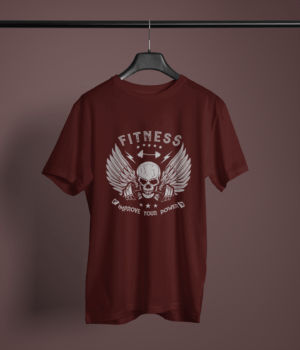 maroon color fitness improve your power printed tee on a hanger
