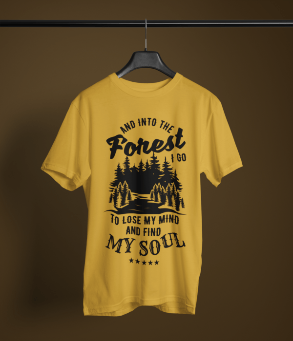 mustard-yellow-into-the-forest-to-find-my-soul graphic tee on-a-hanger