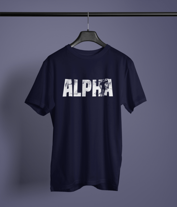 navy blue color alpha graphic tee on a hanger