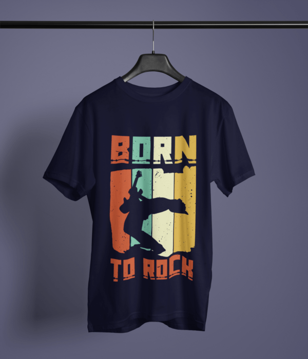 navy blue color born to rock graphic printed t-shirt on a hanger