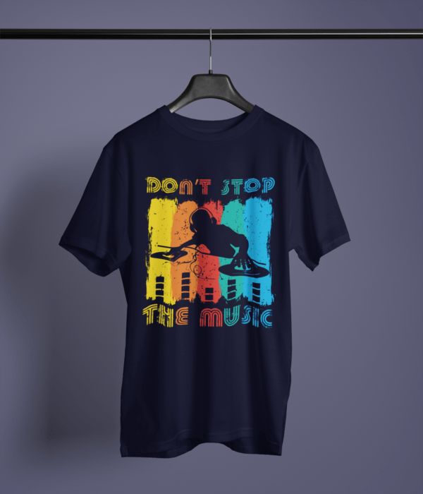 navy blue color don't stop the music graphic tee on a hanger