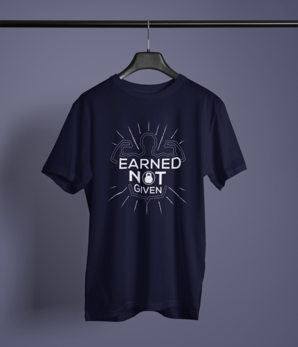 navy blue color earned not given graphic tee on a hanger