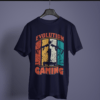 navy blue color evolution gaming graphic tee on a hanger