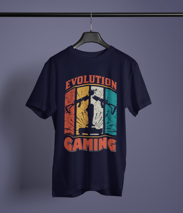 navy blue color evolution gaming graphic tee on a hanger