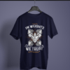 navy blue color in weights we trust graphic printed t-shirt on a hanger