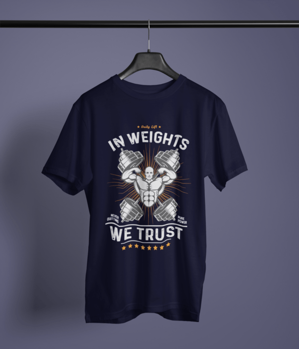 navy blue color in weights we trust graphic printed t-shirt on a hanger